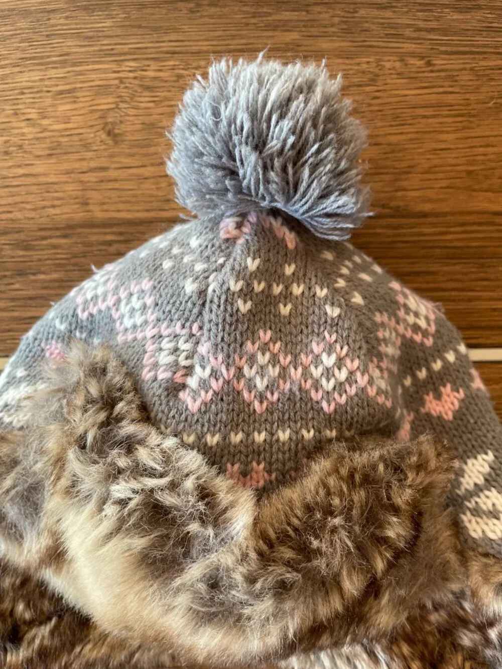 Kids Faux Fur Trapper Hat Gray Brown Pom Pom Winter Hat